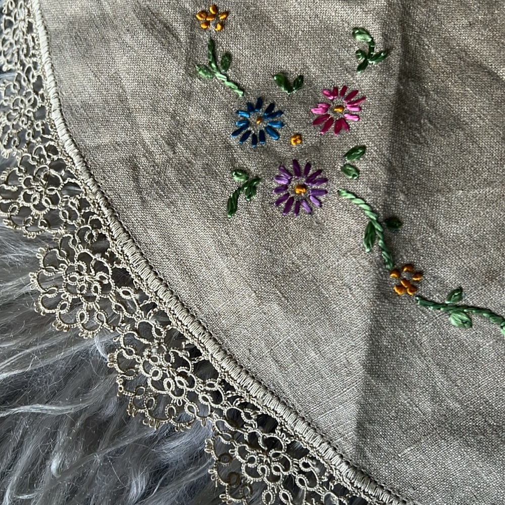 Handmade Linen Embroidered and Tatted Tablecloth in Pristine Condition
